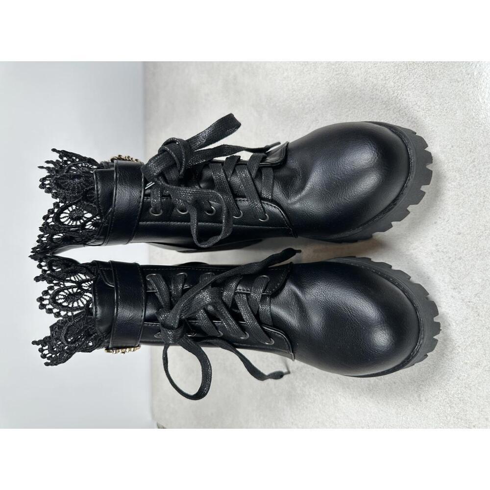 Black Lace Trim Heeled Combat Boots Goth Punk Grunge Alt Platform Chunky Sz 41 - Picture 2 of 7